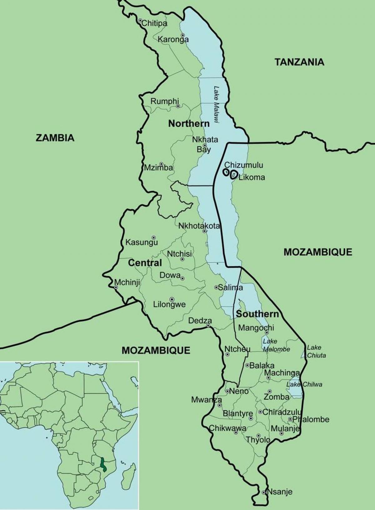 karta över Malawi visar distrikt