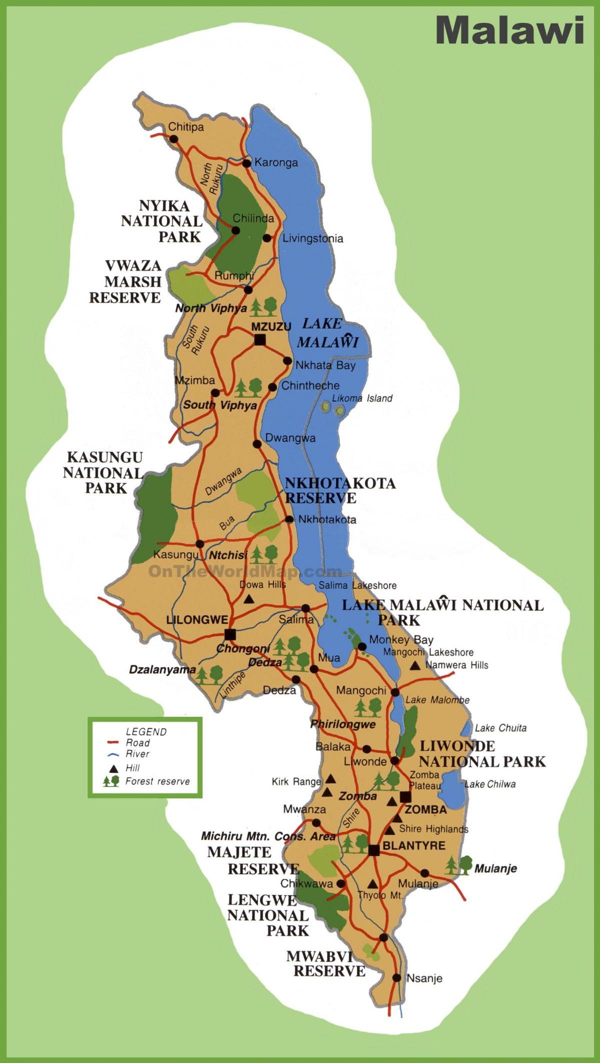 karta över Malawi och omgivande länder