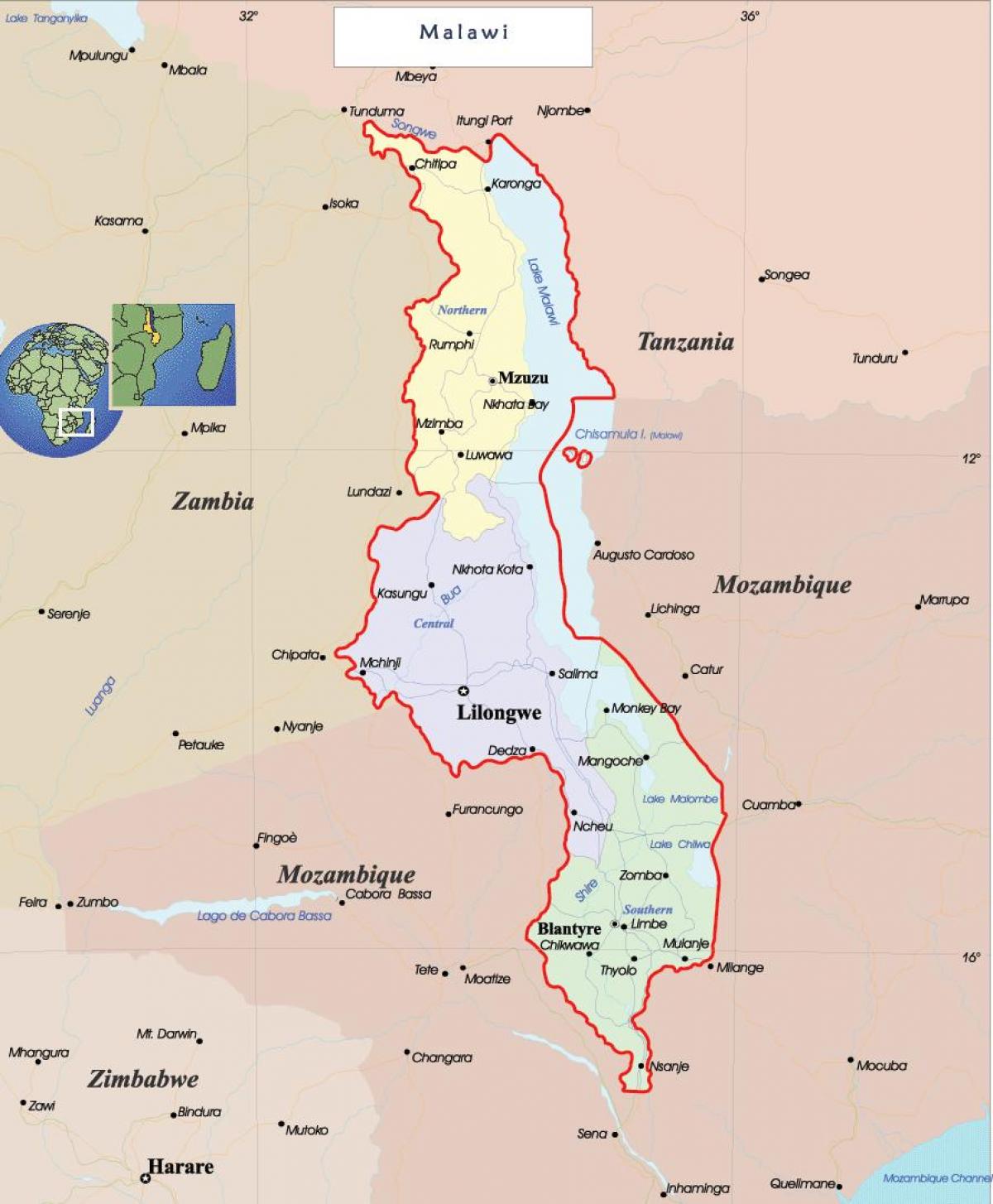 karta över Malawi politiska