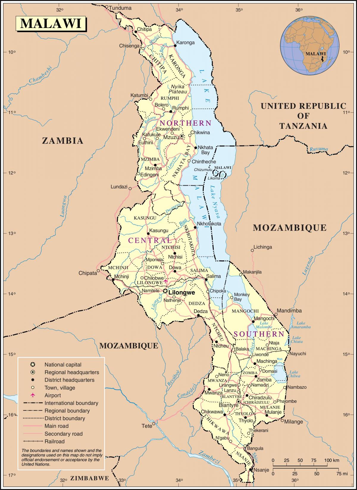 karta över Malawi visar vägar